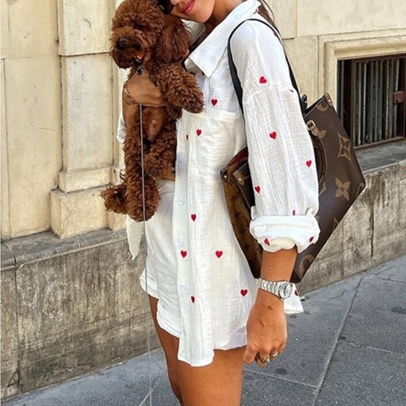 Cotton White Casual Shirt Embroidered Red Hearts Button Down Up Long Sleeve - Picture 14 of 16